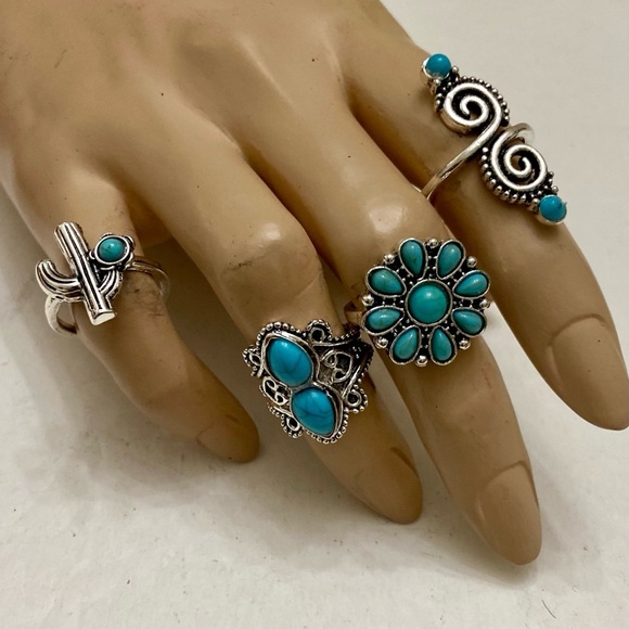 Vintage 4pc Silver Tone- Faux Turquoise Rings (I) - Picture 3 of 13